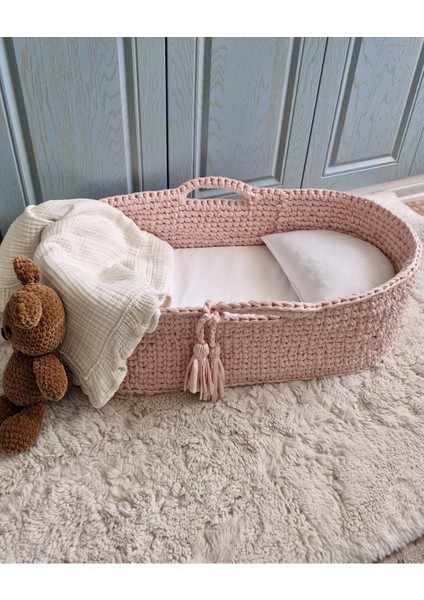 Örgü Bebek Puseti - Puset Beşik - Bebek Yatağı - Moses Basket - Ana Kucağı - Baby Nest Pembe