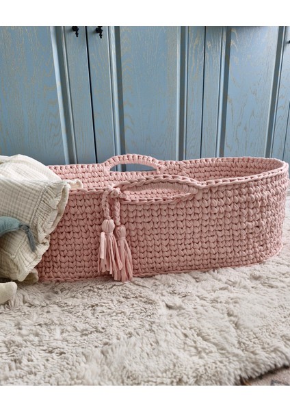Örgü Bebek Puseti - Puset Beşik - Bebek Yatağı - Moses Basket - Ana Kucağı - Baby Nest Pembe