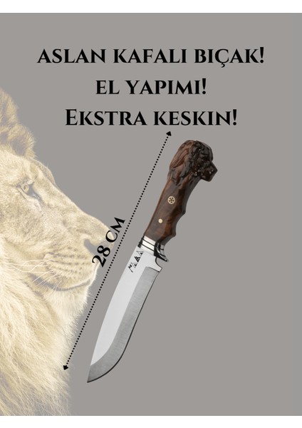 Aslan Başlı Şef Bıçağı Paslanmaz Çelik 28CM Ceviz Ağacı Hakiki Deri Kılıf Hediyeli
