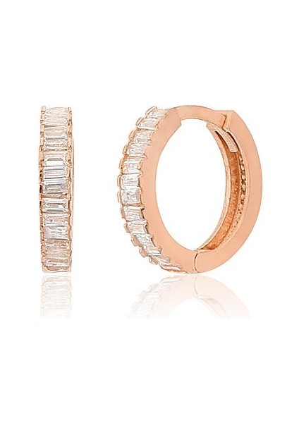 925 Ayar Gümüş Baget Taşlı Halka Küpe 12 mm Rose Renk