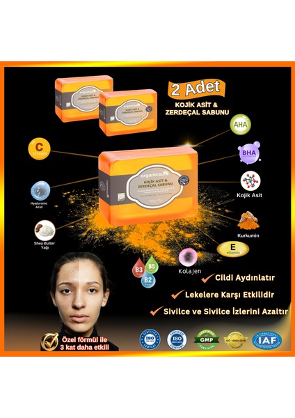 Kojik Asit & Zerdeçal Sabunu 2 Adet x 140 gr Leke Giderici Aydınlatıcı Sabun Kojic Acid - Kolajen - Aha Bha