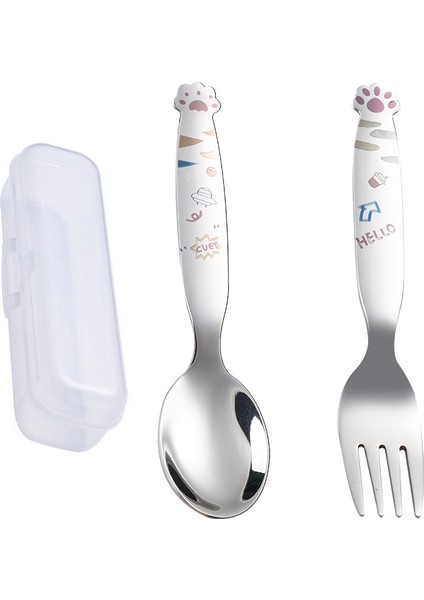 Karikatürlü Çocuk Paslanmaz Çelik Çatal ve Kaşık Seti, Saklama Kutusu (Çelik NO;304) 3 Parça