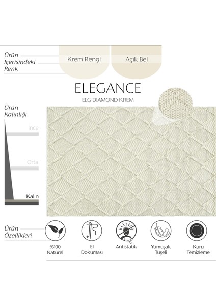 Elegance Diamond Krem Doğal Yün Kazak Örgü Desenli El Dokuma Örgü Halı fiyatları