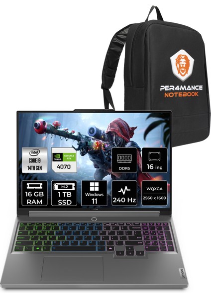 Legion 5 Intel Core I9 14900HX 16GB 1tb SSD RTX4070/8GB 140W 16" Qhd+ 240Hz Windows 11 Home Taşınabilir Bilgisayar & Per4 Çanta 83DG00F0TRP308
