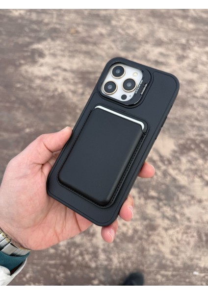Apple iPhone 13 Pro Max Siyah Dming Cüzdanlı ve Kartlıklı Magsafe Standlı Telefon Kılıfı