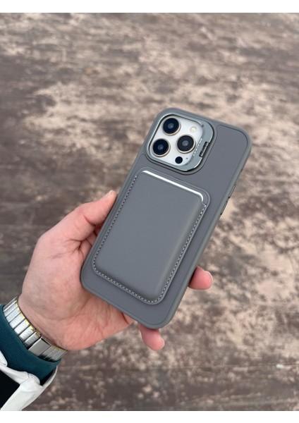 Apple iPhone 15 Plus Titanyum Dming Cüzdanlı ve Kartlıklı Magsafe Standlı Telefon Kılıfı