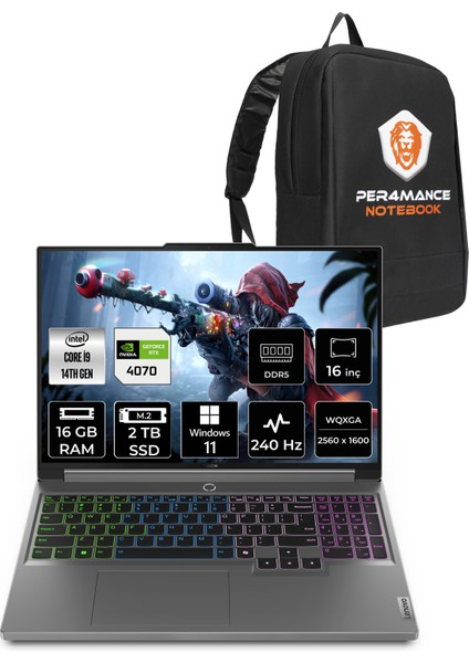 Legion 5 Intel Core I9 14900HX 16GB 2tb SSD RTX4070/8GB 140W 16" Qhd+ 240Hz Windows 11 Home Taşınabilir Bilgisayar & Per4 Çanta 83DG00F0TRP309