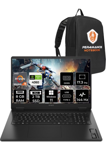 Omen 17 Amd Ryzen 9 8945HS 8gb 2tb SSD RTX4060/8GB 17.3" Fhd 144Hz Windows 11 Home Taşınabilir Bilgisayar & Per4 Çanta A44QREAPN344