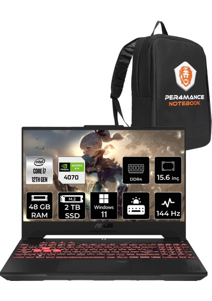 Tuf Gaming F15 Intel Core I7 12700H 48GB 2tb SSD RTX4070/8GB 15.6" Fhd 144Hz Windows 11 Home Taşınabilir Bilgisayar & Per4 Çanta FX507ZI4LP031WP344 fiyatları