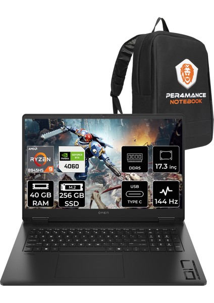 Omen 17 Amd Ryzen 9 8945HS 40GB 256GB SSD RTX4060/8GB 17.3" Fhd 144Hz Fdos Taşınabilir Bilgisayar & Per4 Çanta A44QREAPN321