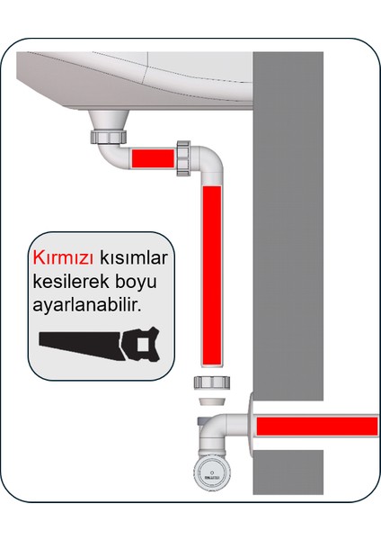 Yer Kazandıran Lavabo Sifonu 137 - Lavabo Dolabında ve Çekmecesinde, Lavabo Altında Duvara Bitişik Montajlı Koku Önleyici S Sistemi, Kolay Temizlenir Giderli, Ayarlanabilir Borulu