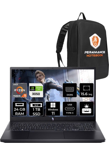 Nitro V 15 Amd Ryzen 5 7535HS 24GB 1tb SSD RTX3050/6GB 15.6" Fhd 144HzWindows 11 Pro Taşınabilir Bilgisayar & Per4 Çanta NHQPFEY002P353