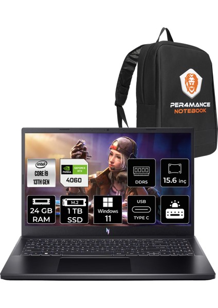 Nitro V 15 Intel Core I9 13900H 24GB 1tb SSD RTX4060/8GB 15.6" Fhd 165HzWindows 11 Pro Taşınabilir Bilgisayar & Per4 Çanta NHQQEEY005P353