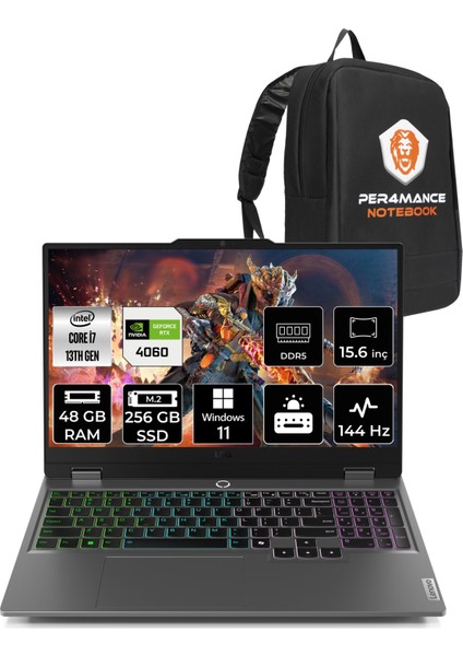 Loq Intel Core I7 13650HX 48GB 256GB SSD RTX4060/8GB 115W 15.6" Fhd 144HzWindows 11 Pro Taşınabilir Bilgisayar & Per4 Çanta 83DV00W5TRP366