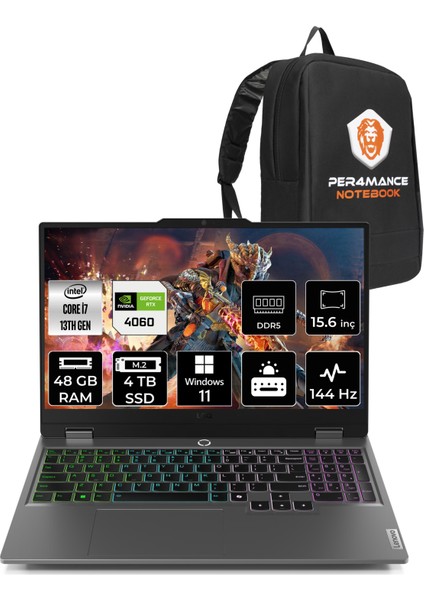 Loq Intel Core I7 13650HX 48GB 4tb SSD RTX4060/8GB 115W 15.6" Fhd 144HzWindows 11 Pro Taşınabilir Bilgisayar & Per4 Çanta 83DV00W5TRP370