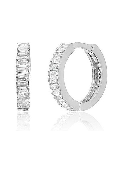 925 Ayar Gümüş Baget Taşlı Halka Küpe 12 mm Gümüş Renk