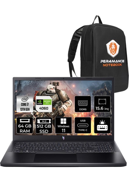 Nitro V 15 Intel Core I7 13620H 64GB 512GB SSD RTX4060/8GB 15.6" Fhd 165HzWindows 11 Pro Taşınabilir Bilgisayar & Per4 Çanta NHQQEEY006P372