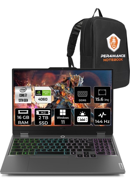 Loq Intel Core I7 13650HX 16GB 2tb SSD RTX4060/8GB 115W 15.6" Fhd 144HzWindows 11 Pro Taşınabilir Bilgisayar & Per4 Çanta 83DV00W5TRP349
