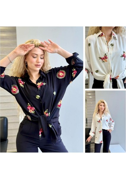 Kadın Siyah Nalış Işlemeli Oversize Rahat Kalıp Keten Aerobin Gömlek 25KGMLP028 fiyatları