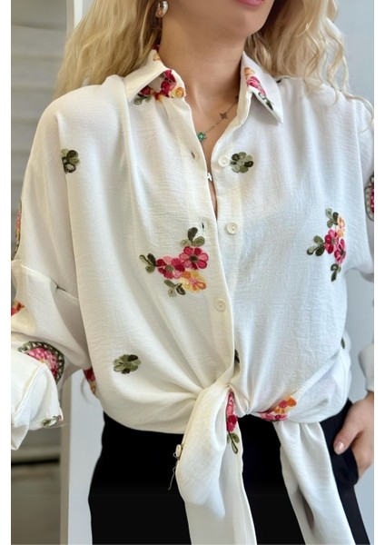 Kadın Siyah Nalış Işlemeli Oversize Rahat Kalıp Keten Aerobin Gömlek 25KGMLP028 modelleri