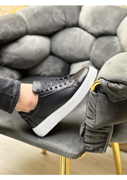Black Tayran 5482 Hakiki Deri Düz Taban Erkek Sneaker Siyah