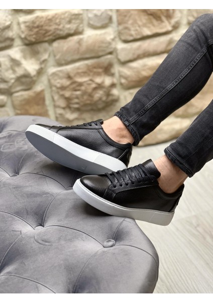 Black Tayran 5482 Hakiki Deri Düz Taban Erkek Sneaker Siyah