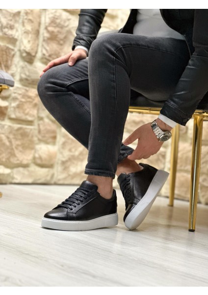 Black Tayran 5482 Hakiki Deri Düz Taban Erkek Sneaker Siyah