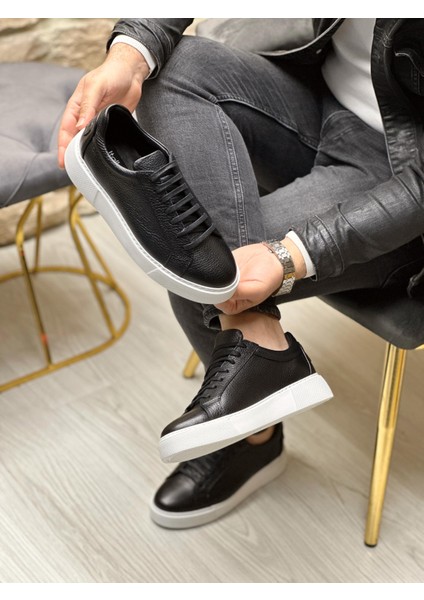 Black Tayran 5482 Hakiki Deri Düz Taban Erkek Sneaker Siyah