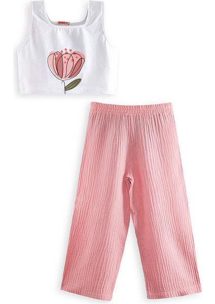 Çiçekli Kız Çocuk Pembe Müslin Pantolon Takım modelleri