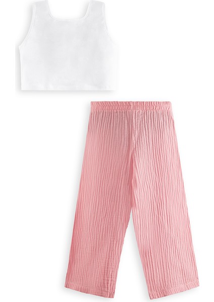 Çiçekli Kız Çocuk Pembe Müslin Pantolon Takım fırsatları