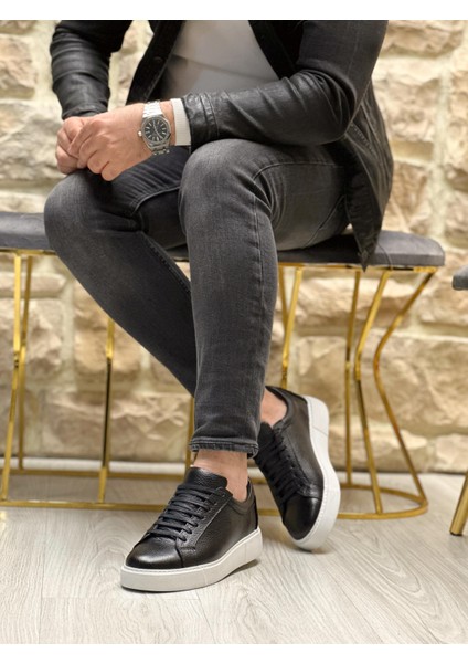 Black Tayran 5482 Hakiki Deri Düz Taban Erkek Sneaker Siyah