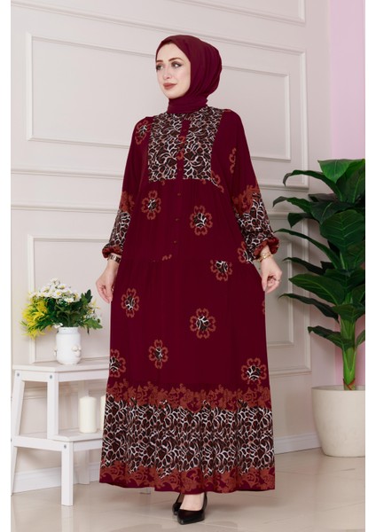 Leopar Desenli Robalı Viscon Elbise-Kırmızı