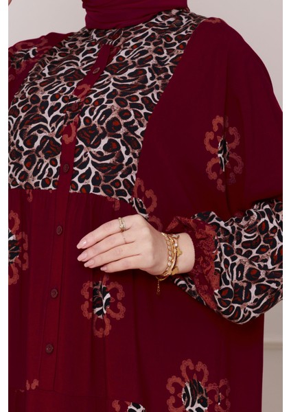 Leopar Desenli Robalı Viscon Elbise-Kırmızı fırsatları