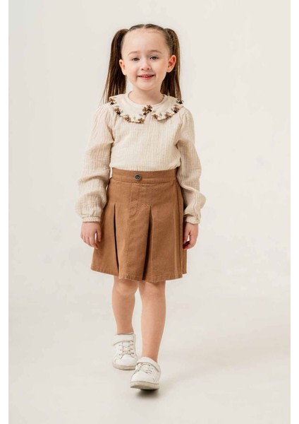 Yaka Işleme Detaylı Müslin Gömlekli Kız Çocuk etekli takım - Kahve