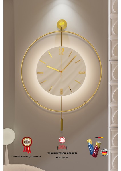 (Büyük Boy-50*75 cm) Timelles Kristal- (Quartz Mekanizmalı)-(Abs Nano Göbek )-Pilli LED - Metal Duvar Saati