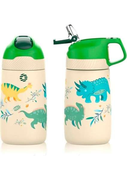 Çelik Pipetli Çocuk Termos Matara 350ML Sarı Dinozor