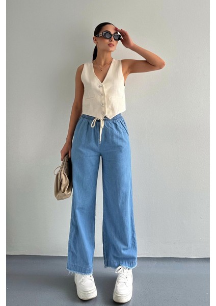 Paçası Püsküllü Straight Fit Denim Pantolon Mavi