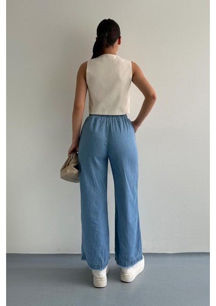 Paçası Püsküllü Straight Fit Denim Pantolon Mavi modelleri