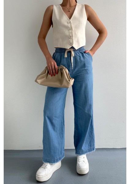 Paçası Püsküllü Straight Fit Denim Pantolon Mavi fırsatları