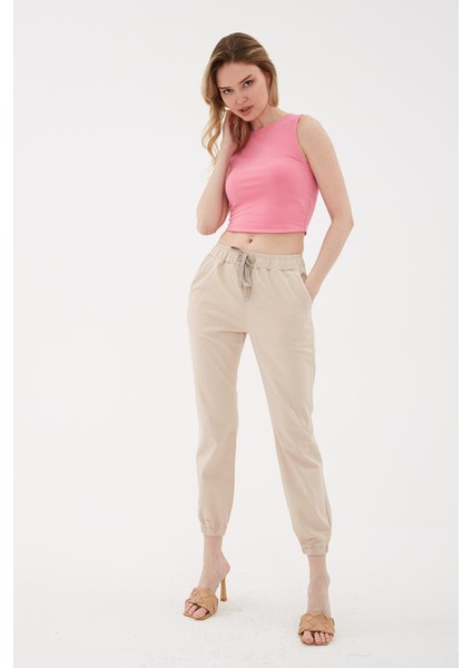 Paçası ve Beli Lastikli Jogger Pantolon Bej fiyatları