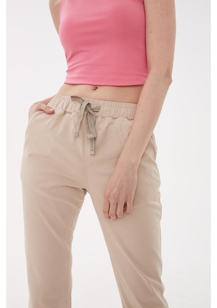 Paçası ve Beli Lastikli Jogger Pantolon Bej modelleri