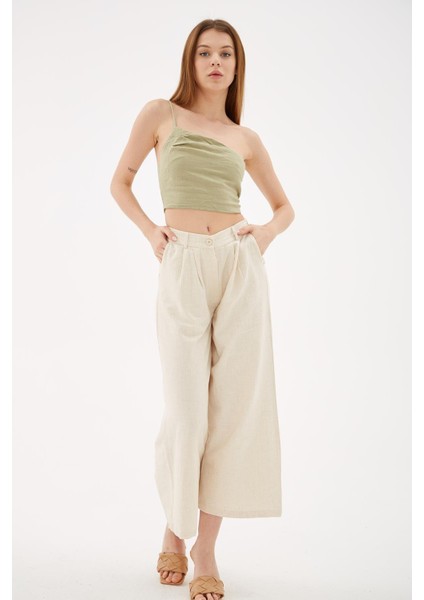 Yüksel Bel Culotte Keten Pantolon Natural