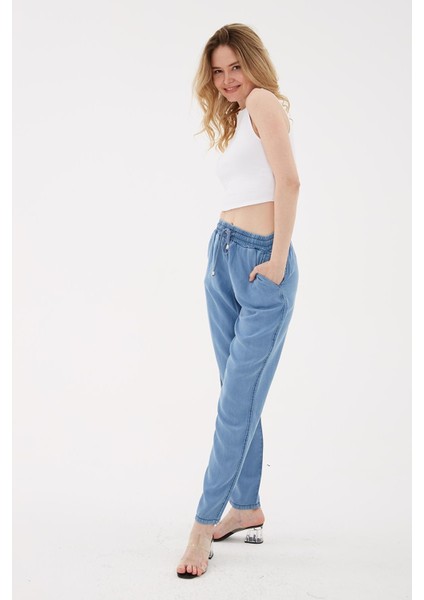 Beli Bağlamalı Lastikli Tencel Denim Pantolon Mavi