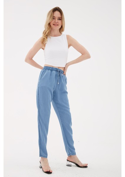 Beli Bağlamalı Lastikli Tencel Denim Pantolon Mavi
