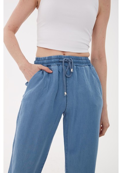 Beli Bağlamalı Lastikli Tencel Denim Pantolon Mavi