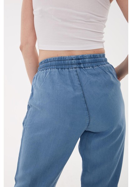 Beli Bağlamalı Lastikli Tencel Denim Pantolon Mavi