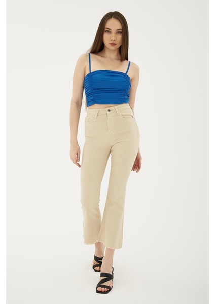 Yüksel Bel Ispanyol Paça Esnek Yüksel Bel Ispanyol Paça Esnek Crop Flare Denim Pantolon Bej fiyatları