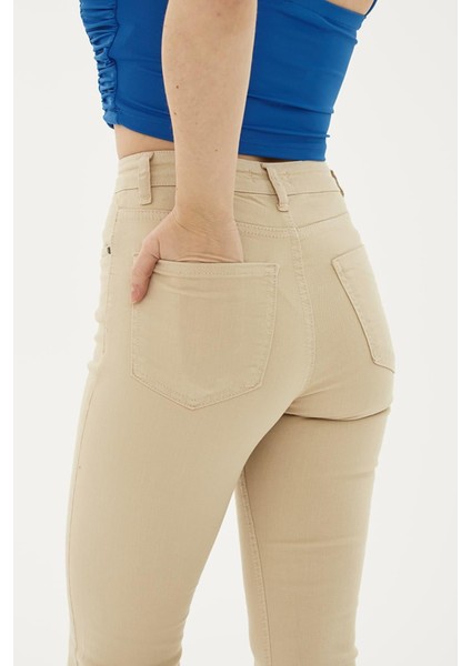 Yüksel Bel Ispanyol Paça Esnek Yüksel Bel Ispanyol Paça Esnek Crop Flare Denim Pantolon Bej modelleri