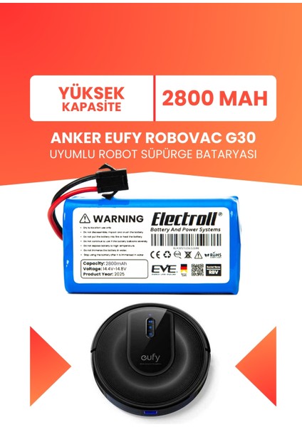 Eufy Robovac G30 Uyumlu Batarya (Yüksek Kapasite) 2800MAH Robot Süpürge Batarya Değişimi