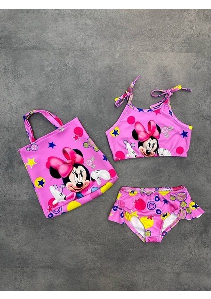 Kız Çocuk ve Bebek Mickey Mouse Desenli Hızlı Kuruyan 3 Parça Alt Üst Mayo ve Çanta Takımı